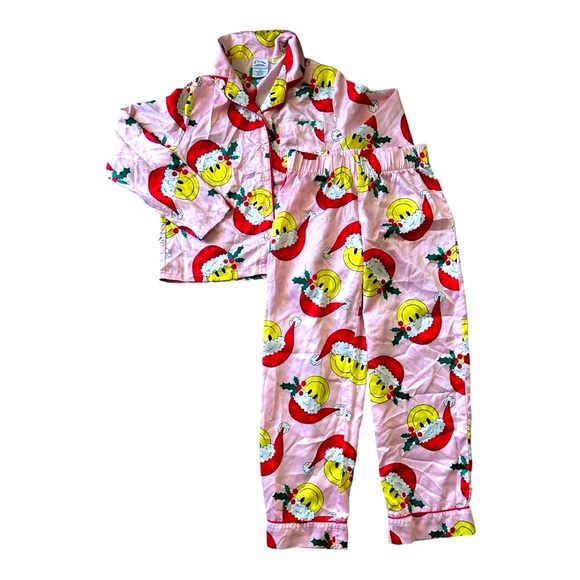 NEW ART CLASS Smiley Faces With Santa Hat Girls Button Down Christmas Pajamas - Picture 9 of 10